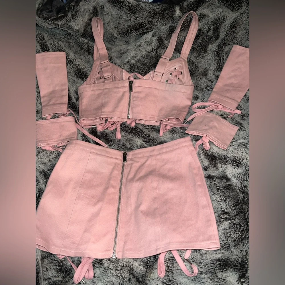 Dolls Kill Club Exx Levels Unlocked Twill Lace Up Crop Top and Skirt Set - Picture 2 of 7